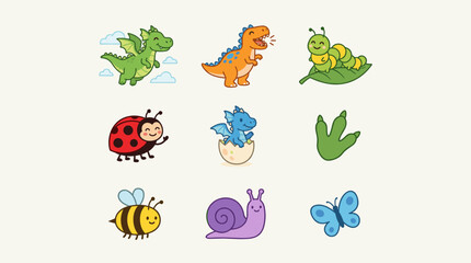Obraz premium Cute cartoon icon set featuring a dragon, dinosaur, caterpillar, ladybug, bee, snail, and butterfly