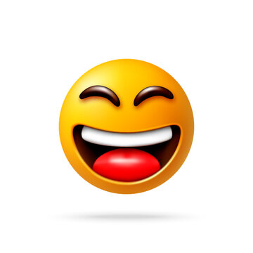 3dSmiling laughing emoji face with tongue out floats on white background. Closed eyes and wide mouth with bright teeth create playful smile laugh energy in clean 3D render style, shown as round