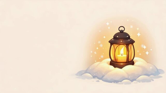 Cozy glowing lantern with a flickering candle resting on snow, surrounded by sparkling stars. warm winter holiday mood and soft ambient light.