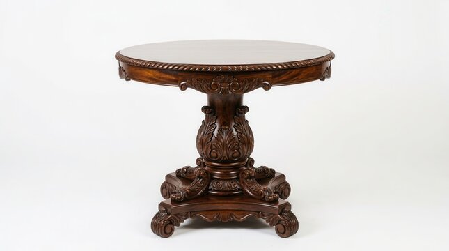 An antique mahogany side table stands on a pedestal with ornate carvings and decorative legs, showcasing its rich wood grain and sophisticated craftsmanship perfect for traditional interiors
