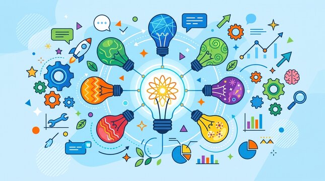 Diverse team ideas represented by colorful lightbulbs, creative symbols and shared innovation concept, energetic corporate teamwork flat vector illustration.