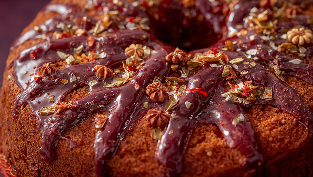 Delicious festive bundt cake glazed with dark fruit syrup and spices celebration delicious homemade culinary decoration traditional indulgence sweetness appetizing gastronomy