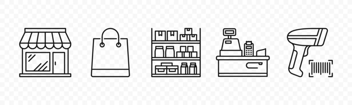 flat vector illustration line art icon bundle set design focused on ecommerce shopping carts bags and digital checkout symbols for modern online retail store apps ui