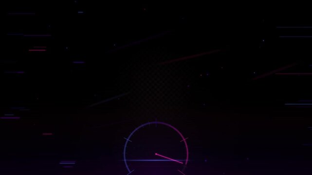 Abstract technological looping background with neon grid and digital speedometer