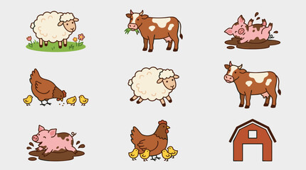 Fototapeta premium Cute farm animal icon set with sheep, cow, pig, chicken, chicks, and barn in flat design style