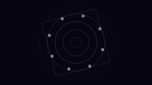 Geometric loop animation featuring concentric circles and a tilted square frame on a dark navy background