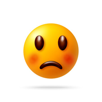 3d sad smile emoji sits centered against white background, with oval eyes, red cheeks, and curved frown. Smooth yellow surface and gentle shadow make emoticon feel polished, clear, and commercial.
