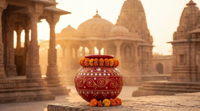 Traditional Karwa Chauth Pot And Kalash Placed Near Temple Architecture At Sunset, Symbol Of Devotion, Fasting, And Love Celebrated By Married Women In ... See More
