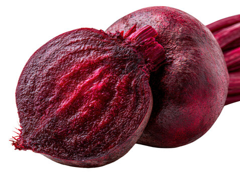 Beetroot beet vegetable root red sliced produce, paired with whole beet, isolated on transparent background for cooking