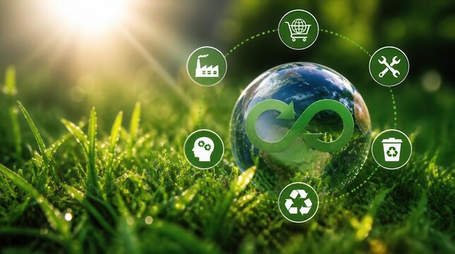 Earth's vibrant ecosystem, bathed in radiant sunlight and surrounded by a circular economy concept, showcases a sustainable future with interconnected icons representing industry, innovation