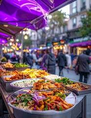 Obraz premium Street food stall serving delicious meals at an evening outdoor market.