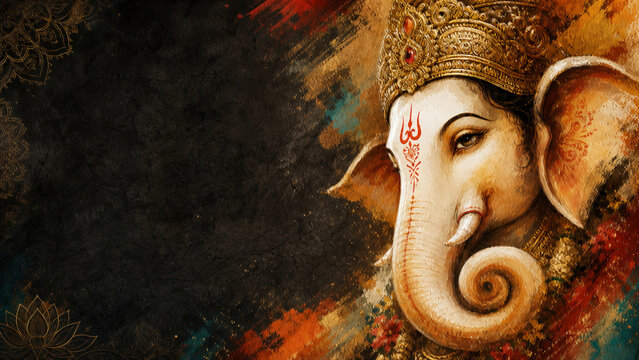 Lord Ganesha with Ornate Crown and Curled Trunk Against a Dark Earthy Background