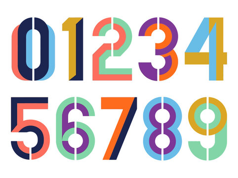 Vector geometric numeral set with colorful stencil numbers from zero to nine isolated on white background.