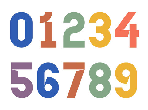 Vibrantly colored geometric numbers 0-9 precisely arranged on a clean white background, ideal for educational or design projects.