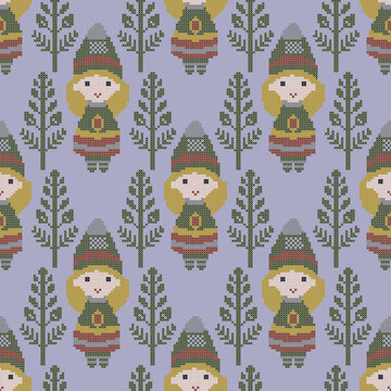 Cute cross stitch seamless pattern with little gnome girl and pine trees in Nordic style perfect for print elements. Artwork with pastel background 