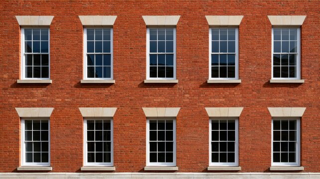 Red brick building facade with four white sash windows for architectural texture background and design