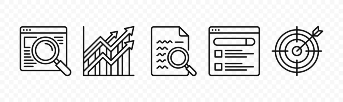 flat vector illustration line art icon bundle set design focused on digital data research search analytics and information technology symbols for web support mobile apps