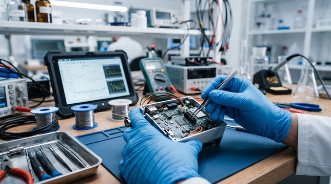 Technician working on an electronic device in a laboratory setting. The technician is wearing blue gloves and using tweezers to manipulate components on a circuit board.