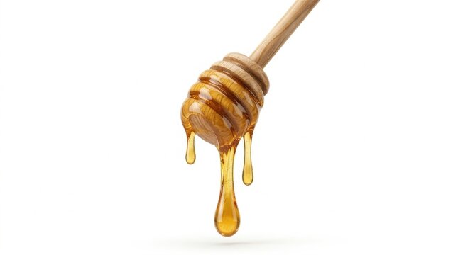 Honey dipper dripping golden honey, isolated on pure white background
