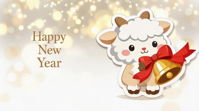 Cute cartoon lamb holding a golden bell with a red bow moves into frame beside "happy new year" text on a soft bokeh background