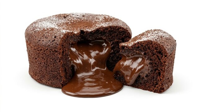 Molten chocolate cake cut open, isolated on pure white background
