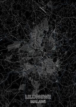 Detailed dark modern road map of Lilongwe in Malawi, featuring its sprawling capital street network, airport runway, winding river corridors, and surrounding countryside