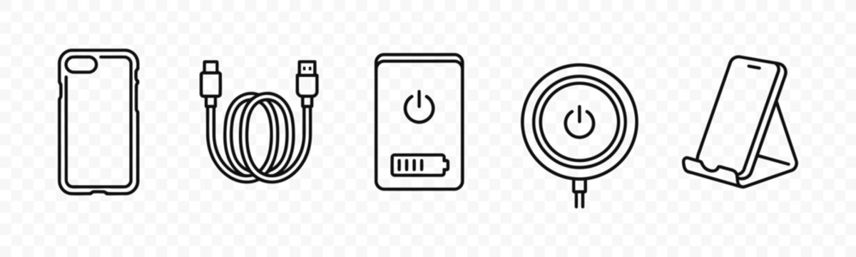flat vector illustration line art icon bundle set design featuring smartphone charging power cables and digital hardware accessories for modern mobile tech website ui