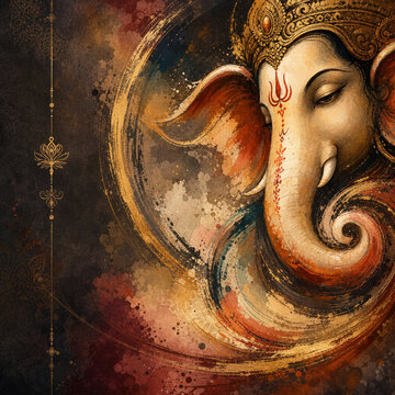 Vertical Lord Ganesha Portrait with Curled Trunk and Ornate Crown Surrounded by Circular Forms