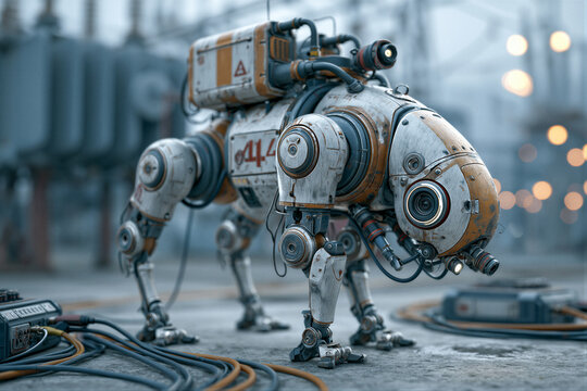 Bionic quadruped inspection robot navigating industrial substation with thermal sensors, cinematic blue and amber lighting, negative space for energy sector marketing and tech advertising.