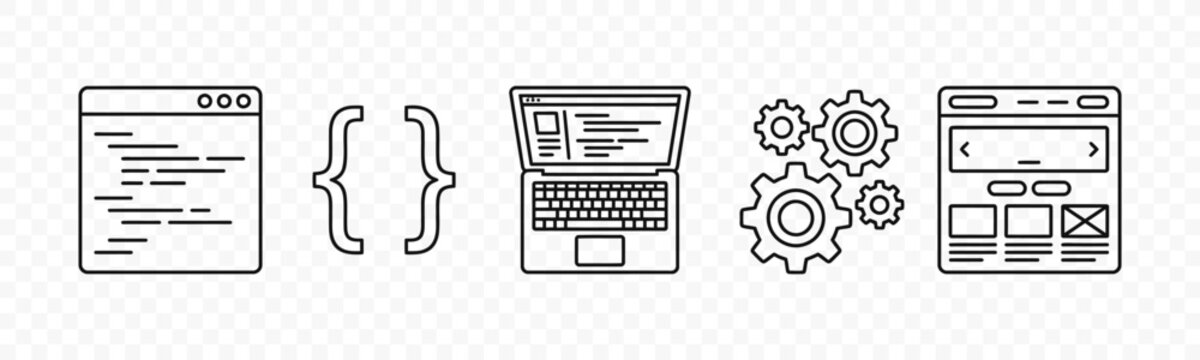 flat vector illustration line art icon bundle set design illustrating web development browser layouts coding errors and technical hardware for professional it apps