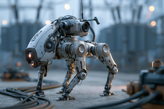 Bionic quadruped inspection robot navigating industrial substation with thermal sensors, cinematic blue and amber lighting, negative space for energy sector marketing and tech advertising.