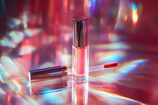 Glossy Lip Gloss Product Shot with Iridescent Background.