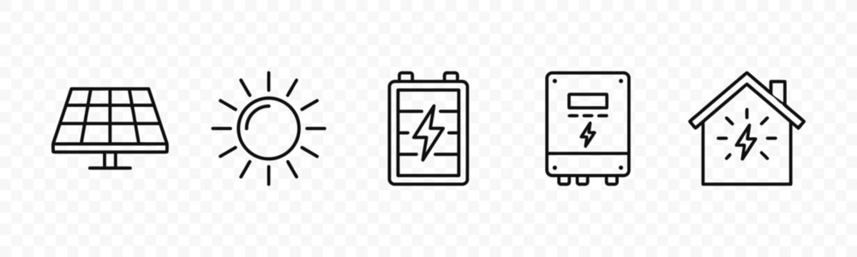 flat vector illustration line art icon bundle set design showcasing industrial renewable energy grid solar panels and power generation symbols for sustainable apps
