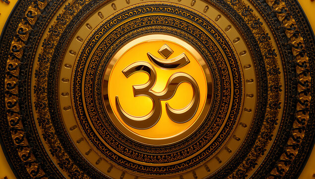 Intricate golden om symbol centered on a traditional circular mandala pattern with intricate hinduism spiritual meditation religion circular traditional geometry symmetry meditative oriental