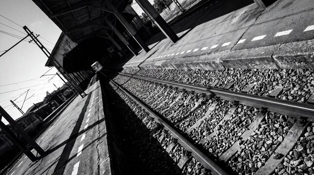 Black and White Train Tracks Perspective.