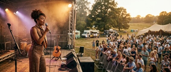 Obraz premium Professional singer performing live on outdoor concert stage with audience and warm sunset light