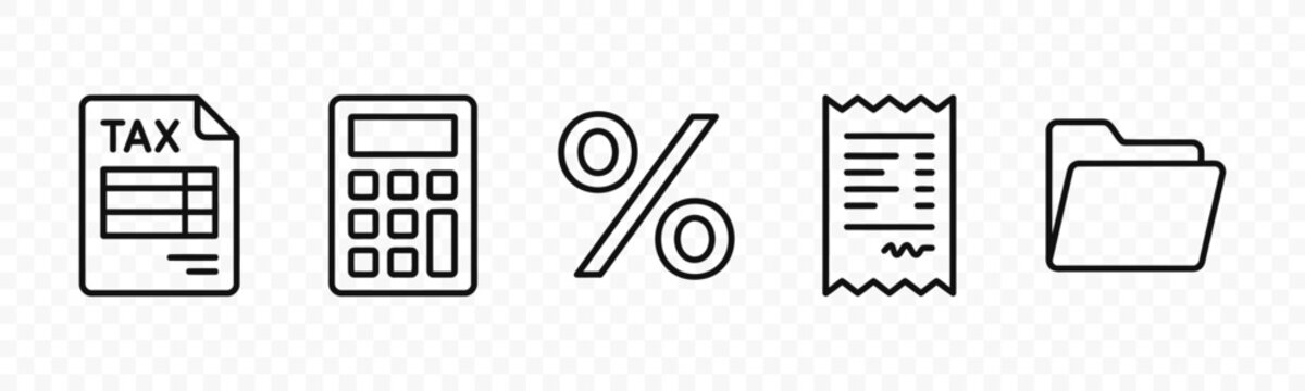 flat vector illustration line art icon bundle set design representing personal finance budget management tax documents and accounting symbols for modern banking apps