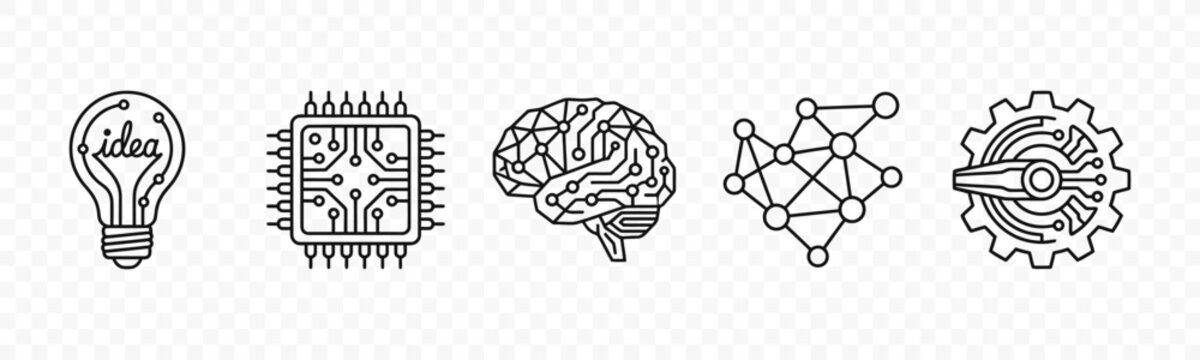 flat vector illustration line art icon bundle set design showcasing innovation brain network ideas and creative logic symbols for technical development application ui