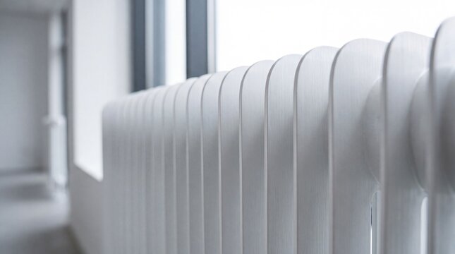 Close-up of a white radiator next to a window with natural light.