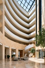 Obraz premium Modern hotel atrium interior with curved balconies spiral staircase and skylight for hospitality lobby design background and architectural presentation