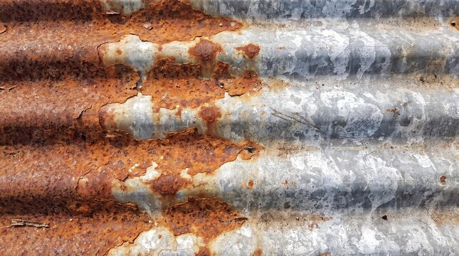 Close-up of weathered corrugated metal with rust and peeling paint texture.