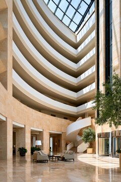 Modern hotel atrium interior with curved balconies spiral staircase and skylight for hospitality lobby design background and architectural presentation
