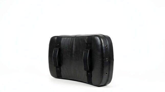 Black leather travel bag with handles on white background