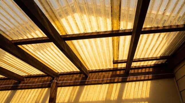 Corrugated Translucent Roofing Panels Under Wooden Beams.
