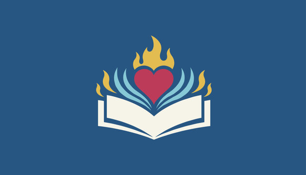 Religious conceptual illustration of an open Holy Bible with a burning heart and flames on dark blue background.