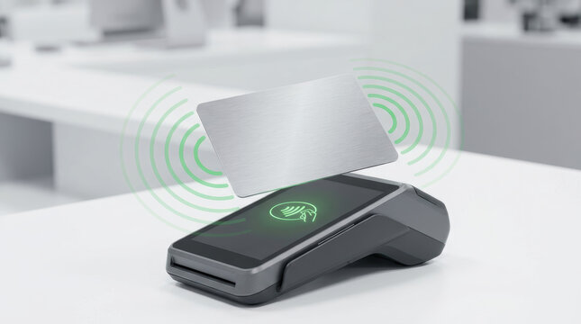 Contactless payment terminal with card reader showing consumer spending habits in retail environment