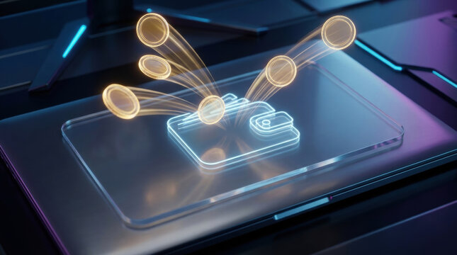 Digital wallet with coins flying out represents consumer spending habits in futuristic technology and finance concept