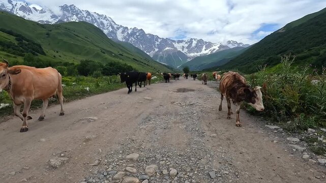 Cattle herd walking front view along a mountain road in Svaneti, Georgia, showing rural livestock movement, pastoral farming, alpine transport routes, and agricultural tourism in the Caucasus