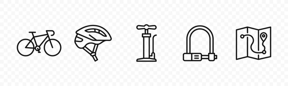 flat vector illustration line art icon bundle set design representing cycling gear bicycles safety helmets and repair tools for outdoor sport and active lifestyle apps ui