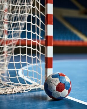 Handball goal and ball in indoor court close up showing net and striped post for sports editorial background poster and action concept